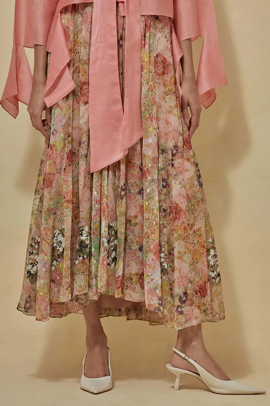 Coral Chanderi Shirt With Printed Chiffon Skirt