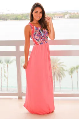 Coral Maxi Dress with Tribal Printed Top