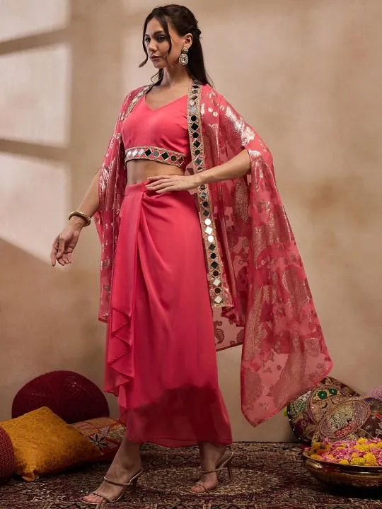 Coral Pink Crop Top With Drape Skirt and Shrug Set