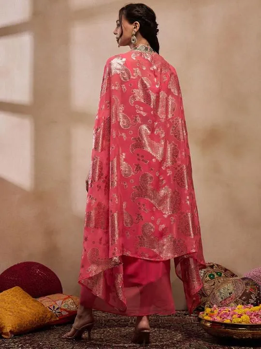 Coral Pink Crop Top With Drape Skirt and Shrug Set