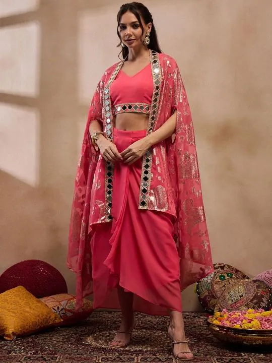 Coral Pink Crop Top With Drape Skirt and Shrug Set