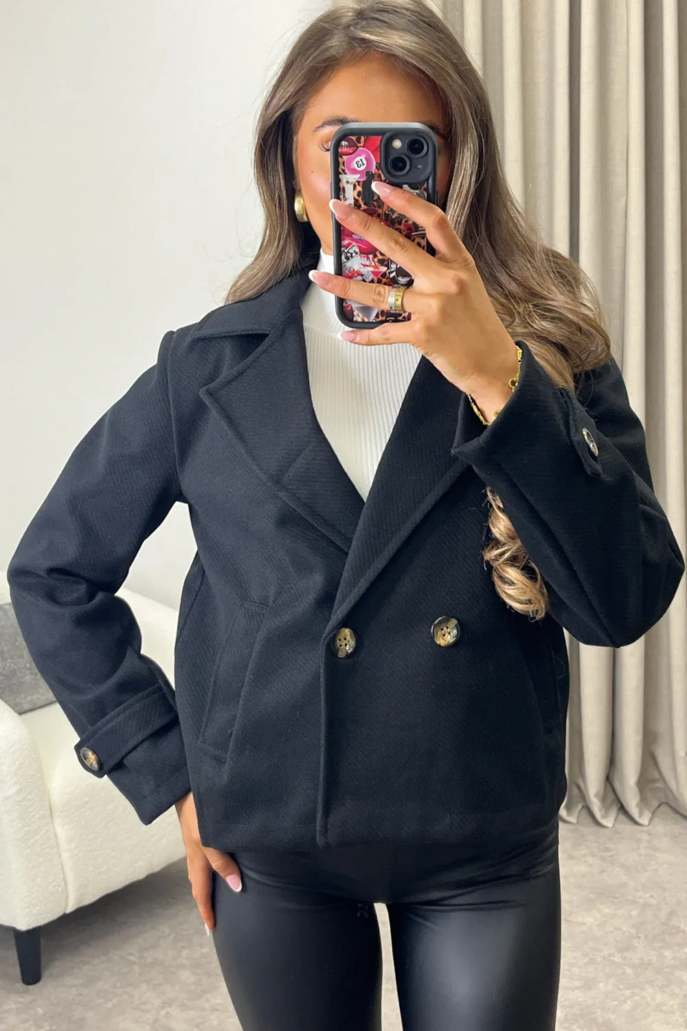 Cruz Black Wool Look Button Up Trench Jacket
