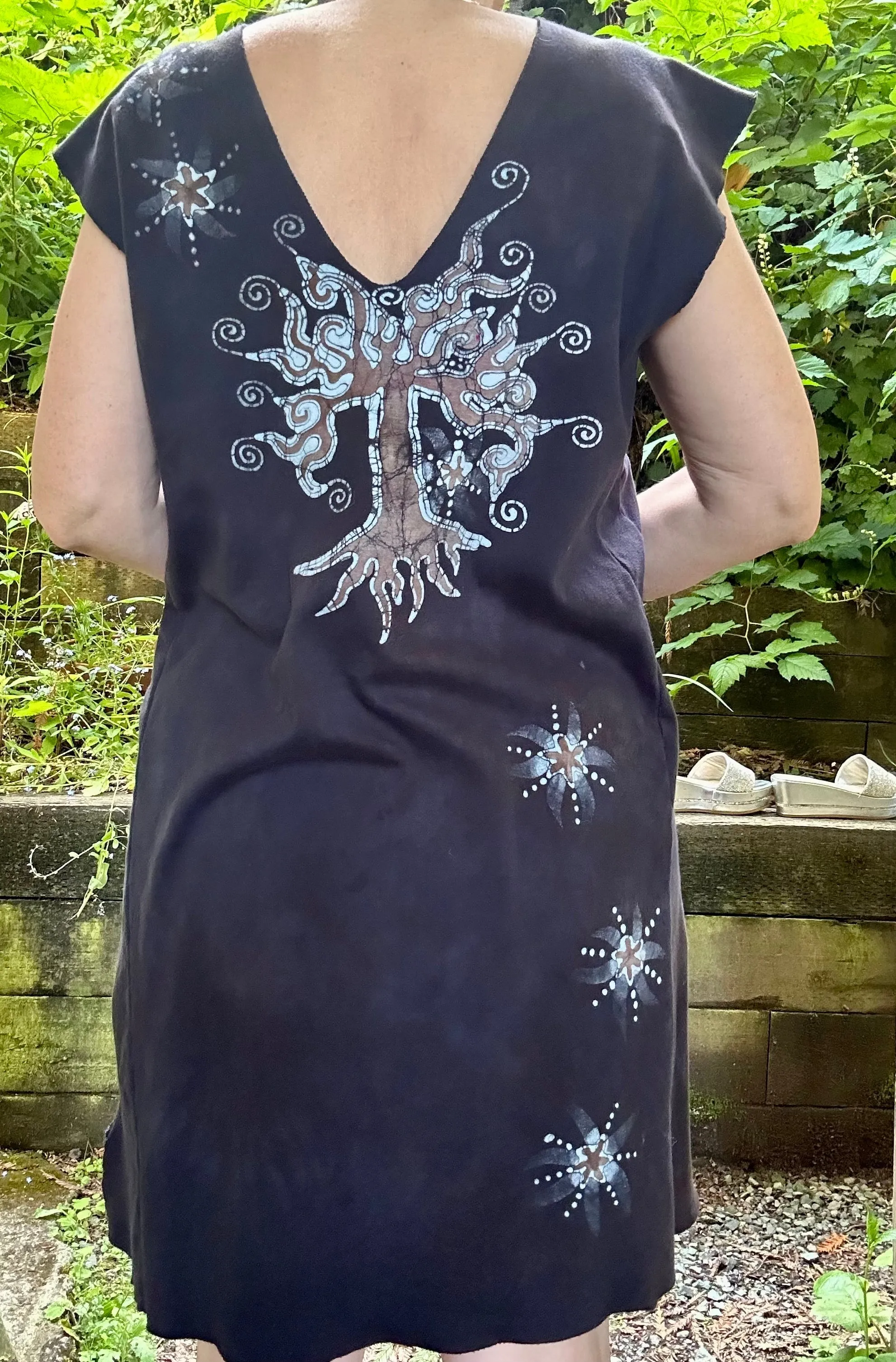 Daytime Dark Woods Organic Cotton Batik Dress Tunic Top - size Large