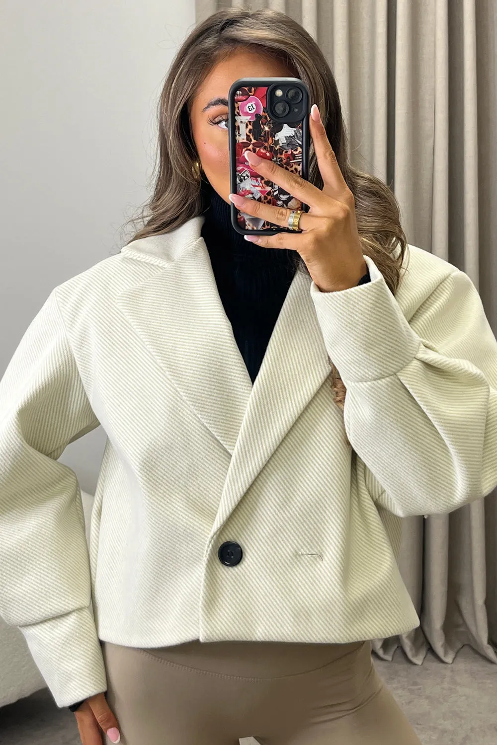 Devyn Beige Striped Wool Look Button Up Trench Jacket