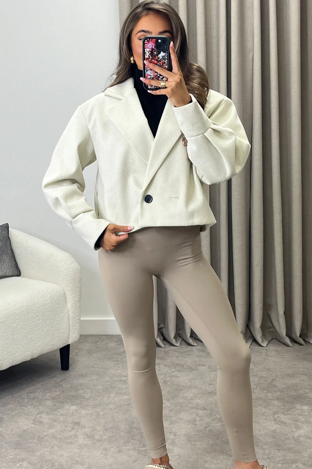 Devyn Beige Striped Wool Look Button Up Trench Jacket