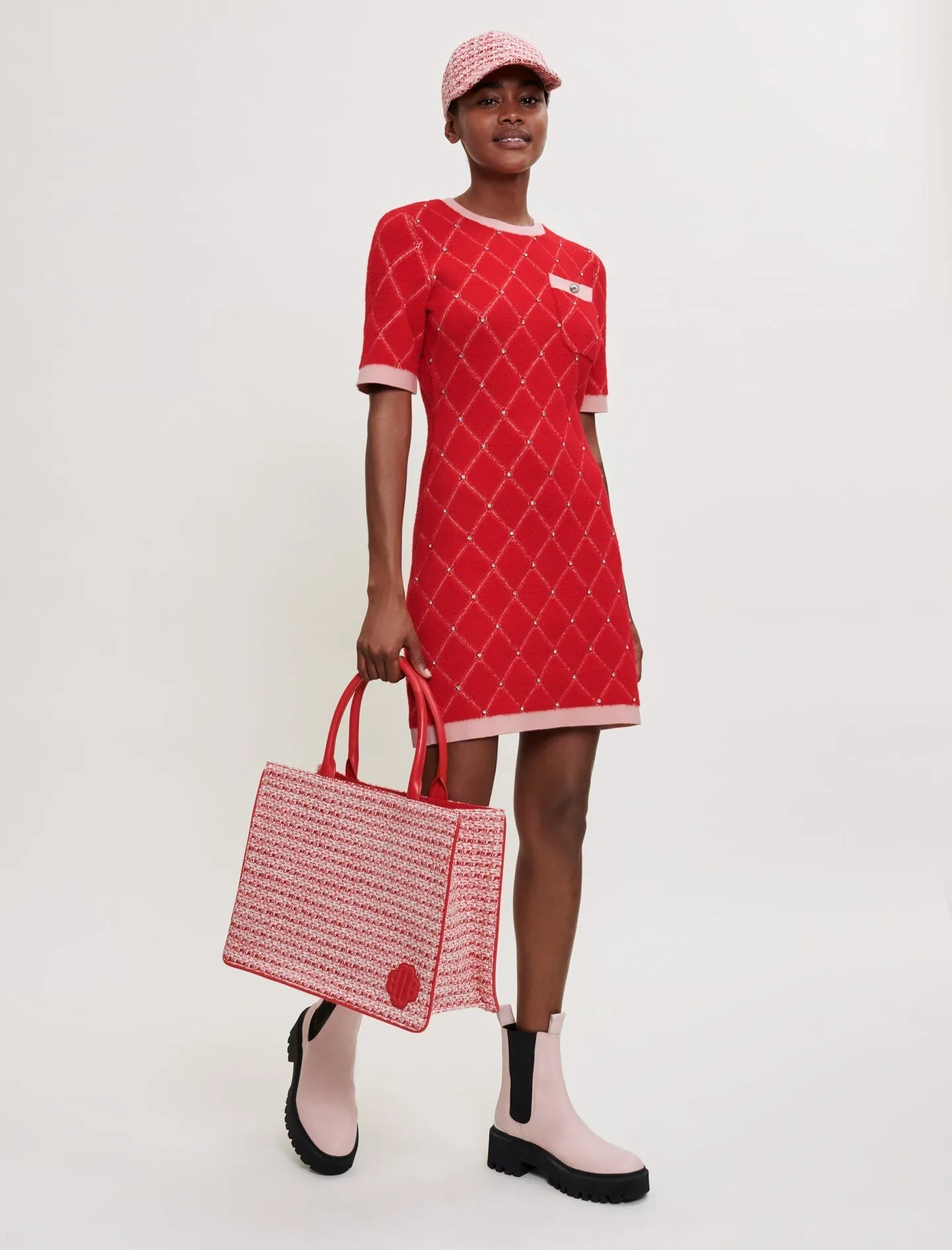 DIAMOND PATTERN RHINESTONE KNIT DRESS