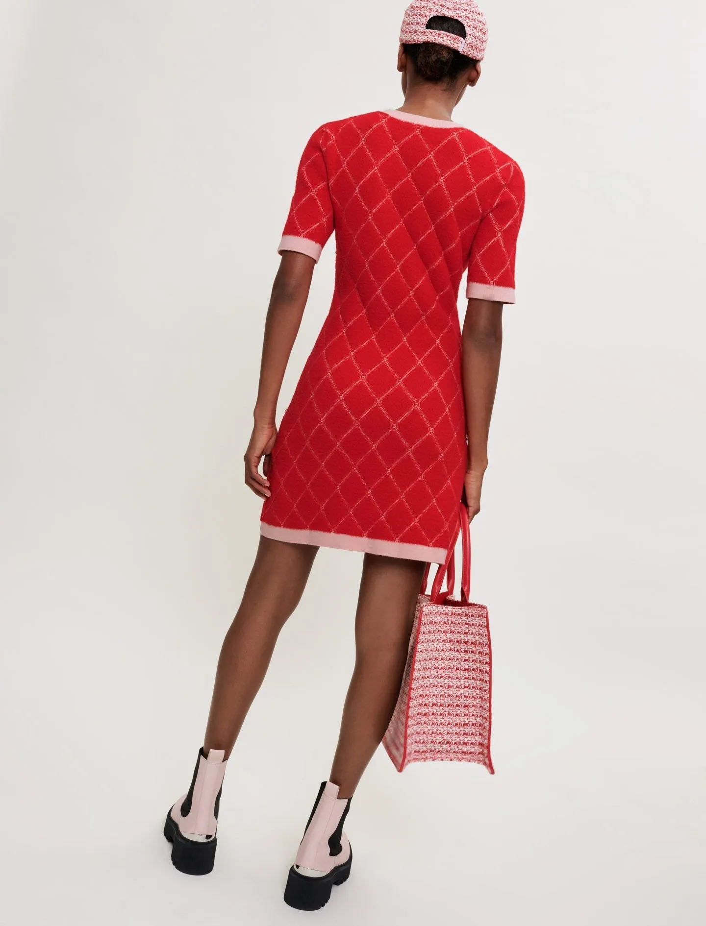 DIAMOND PATTERN RHINESTONE KNIT DRESS