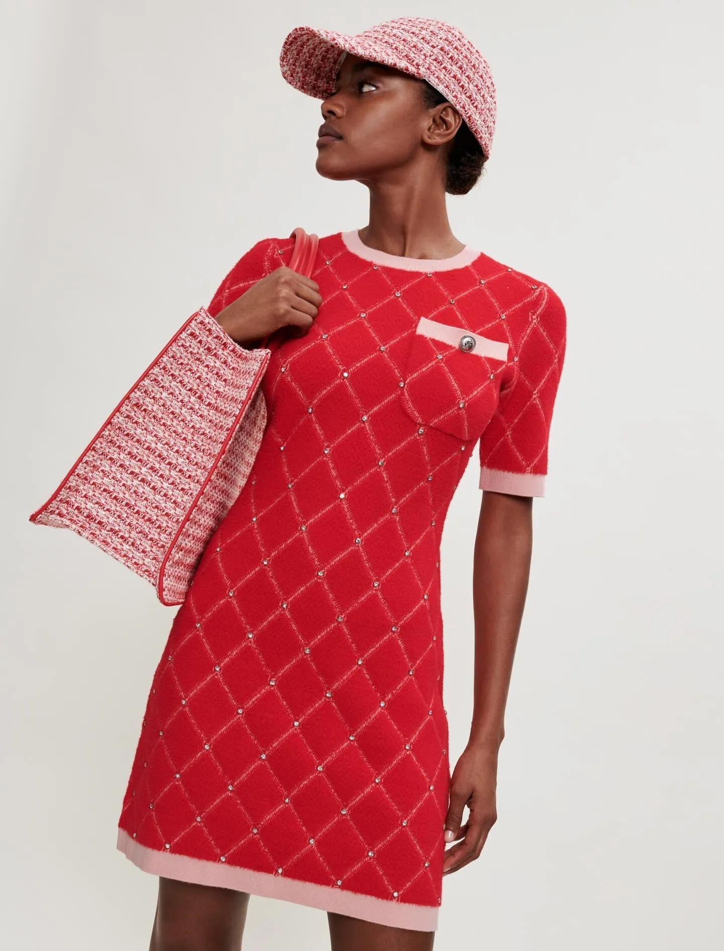DIAMOND PATTERN RHINESTONE KNIT DRESS