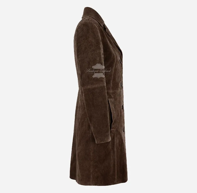 ELEGANT Women's Classic Suede Trench Coat Knee Length Coat
