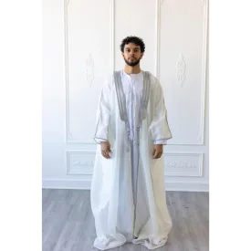 Embroidered Thobe Overcoat Arab Bisht Cloak Pure White on Silver