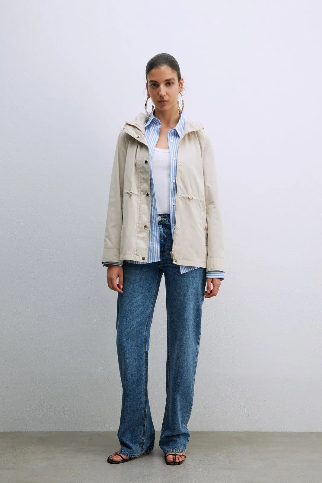 Hooded Parka W Snitched Waist - Grey