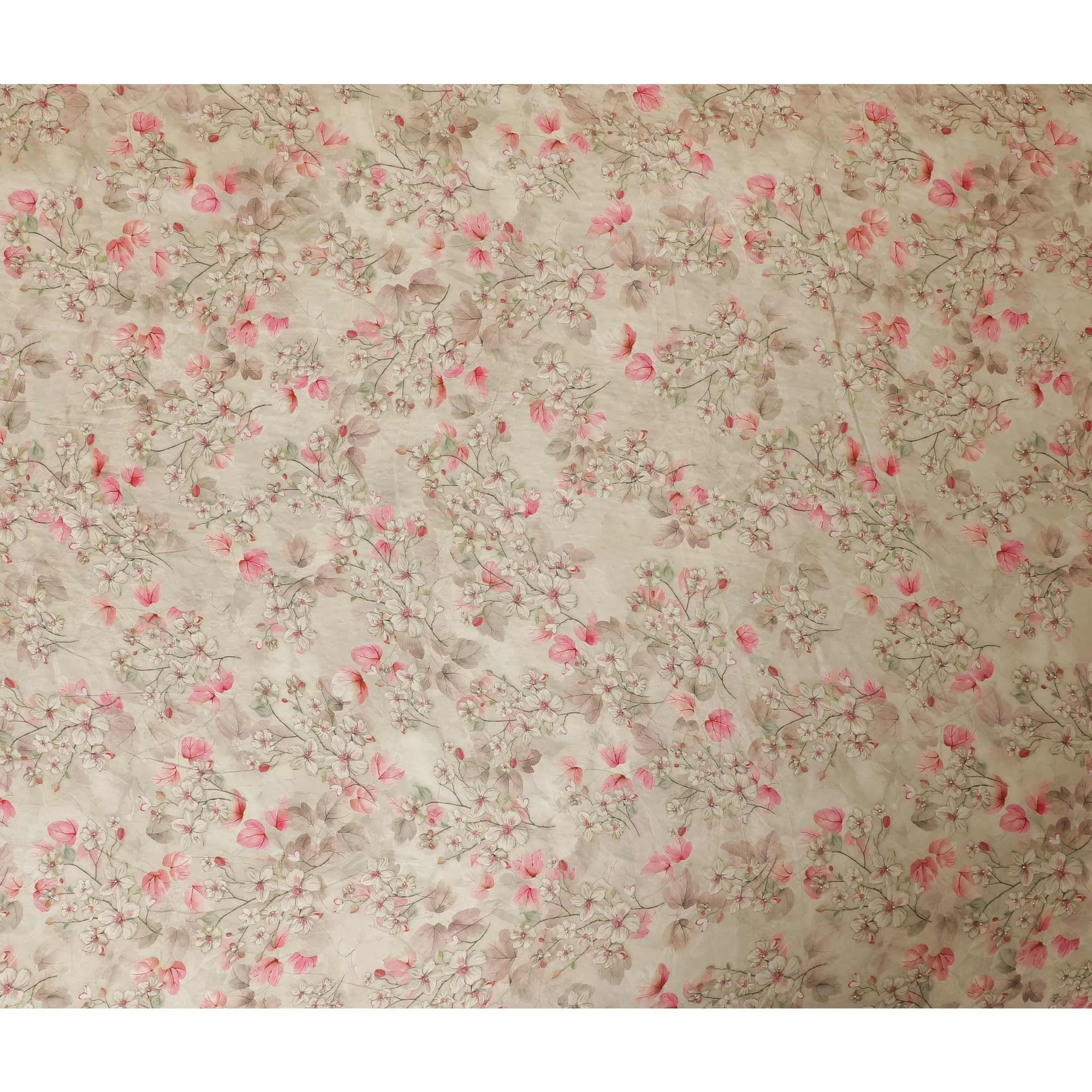 Latte beige viscose fabric with olive green and baby pink print having gold laminated stone work in floral design-D9267