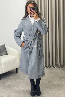 Lauran Grey Striped Wool Look Belted Longline Trench Coat