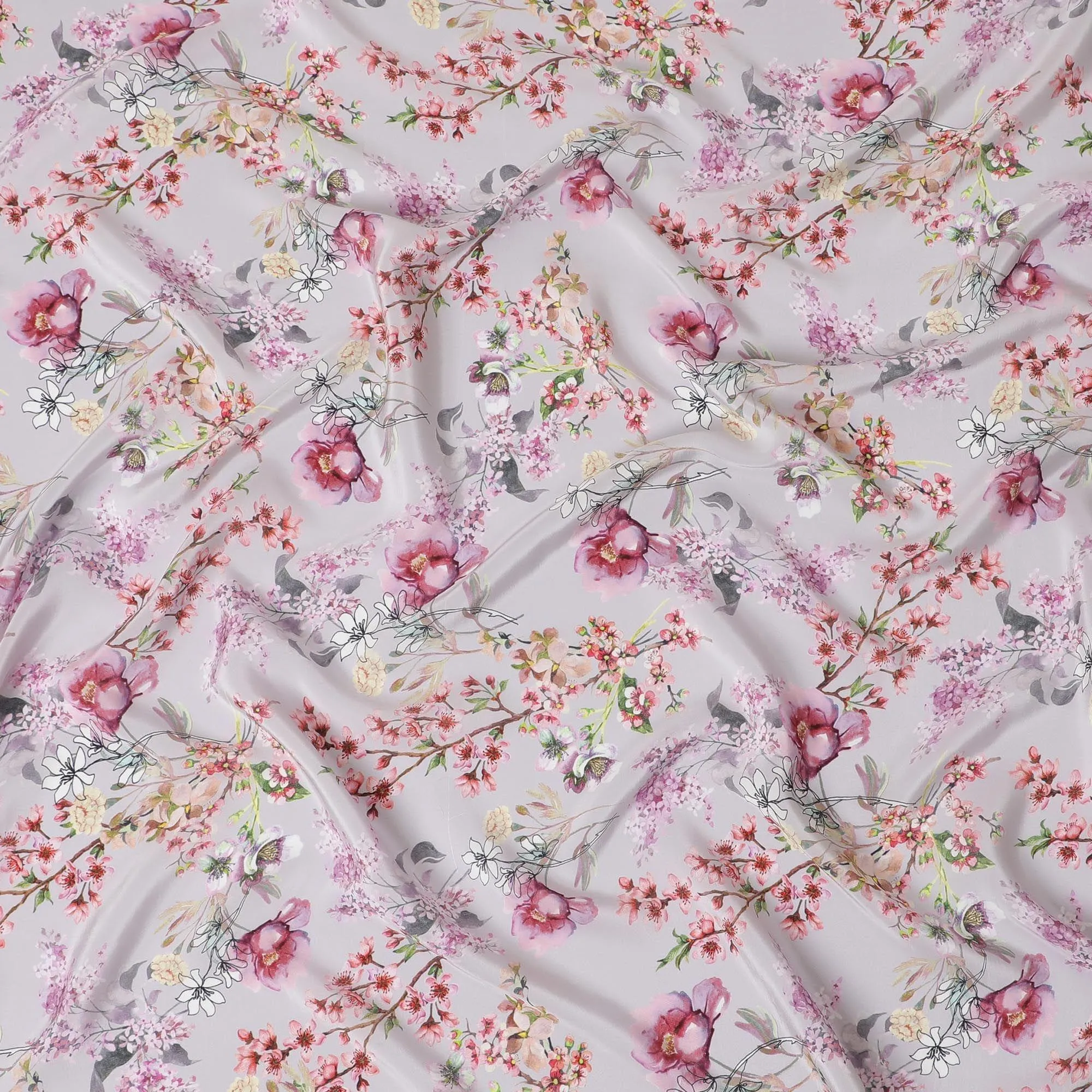 Light thistle purple viscose fabric with multicolor print in floral design-D12260