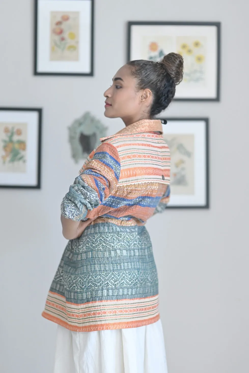 Medium, Periyar, Handmade Kantha Trench Coat in Vintage Saree Borders Fabric