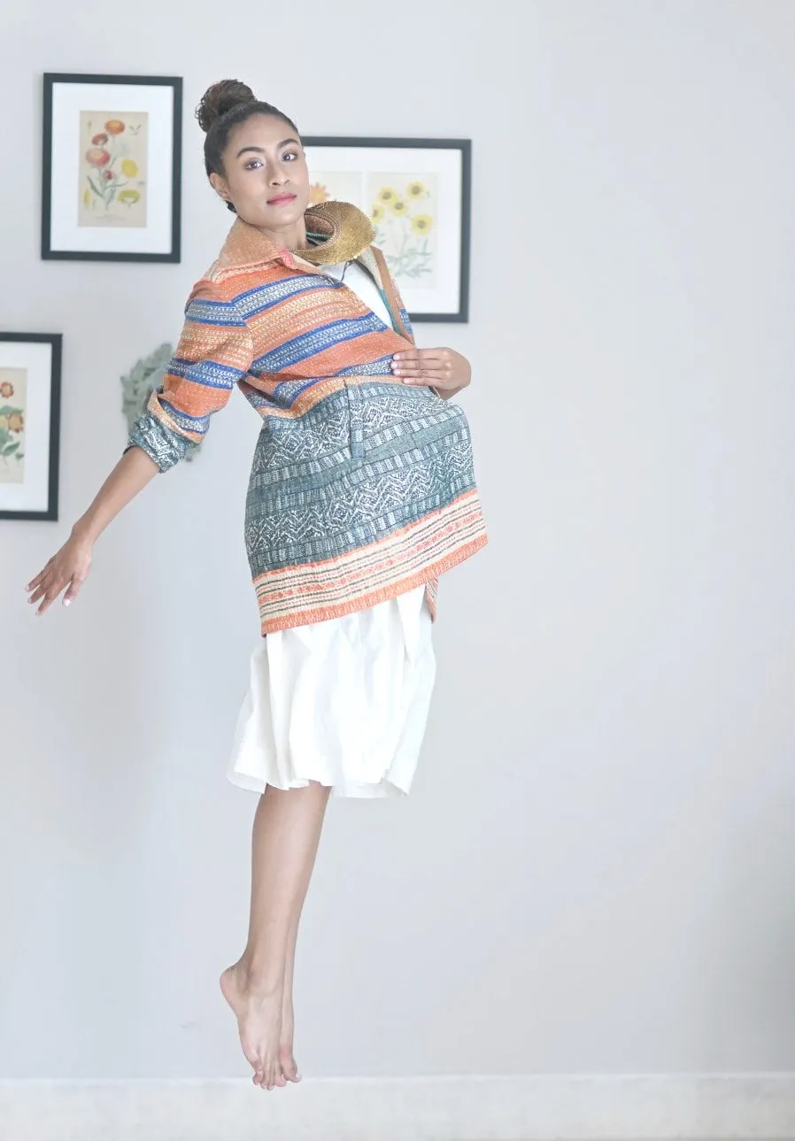 Medium, Periyar, Handmade Kantha Trench Coat in Vintage Saree Borders Fabric