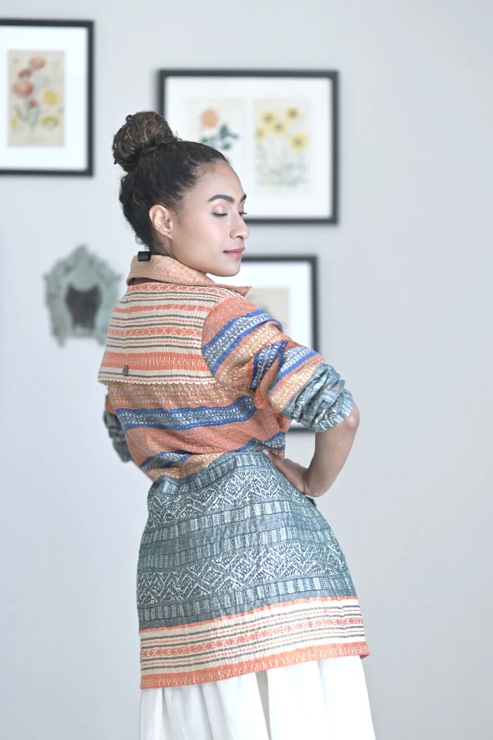 Medium, Periyar, Handmade Kantha Trench Coat in Vintage Saree Borders Fabric