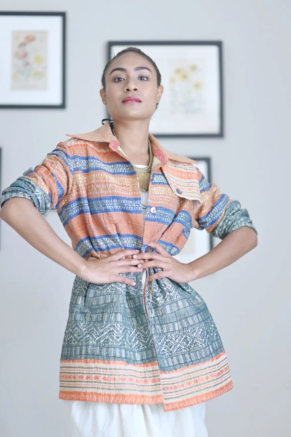 Medium, Periyar, Handmade Kantha Trench Coat in Vintage Saree Borders Fabric