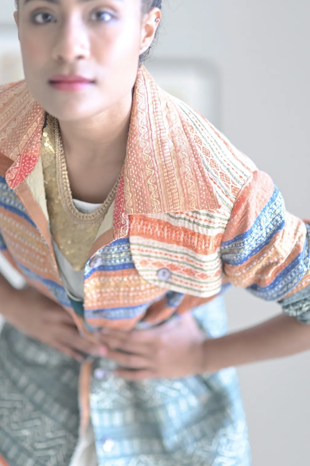 Medium, Periyar, Handmade Kantha Trench Coat in Vintage Saree Borders Fabric