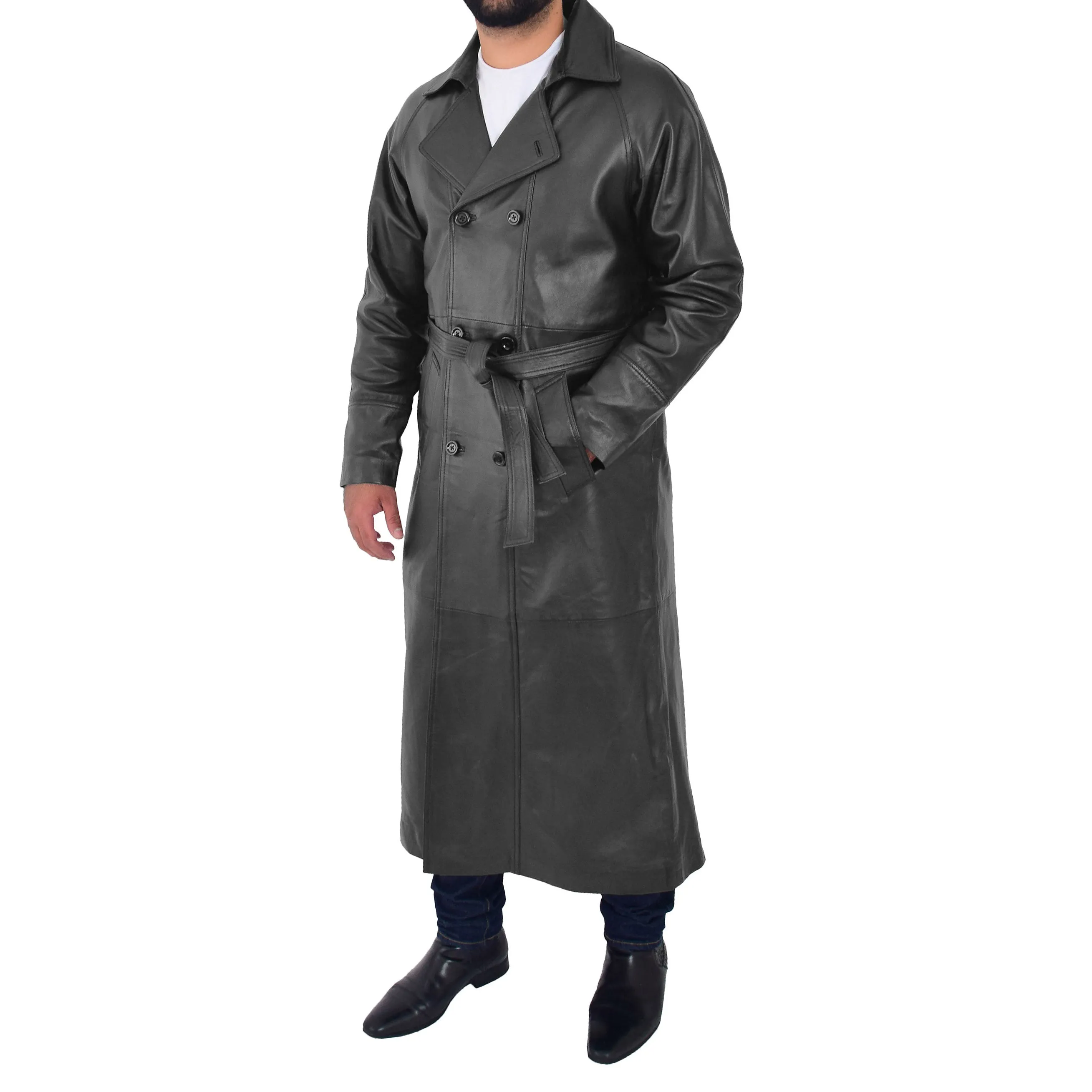 Mens Full Length Leather Coat Black Long Trench Overcoat Terry