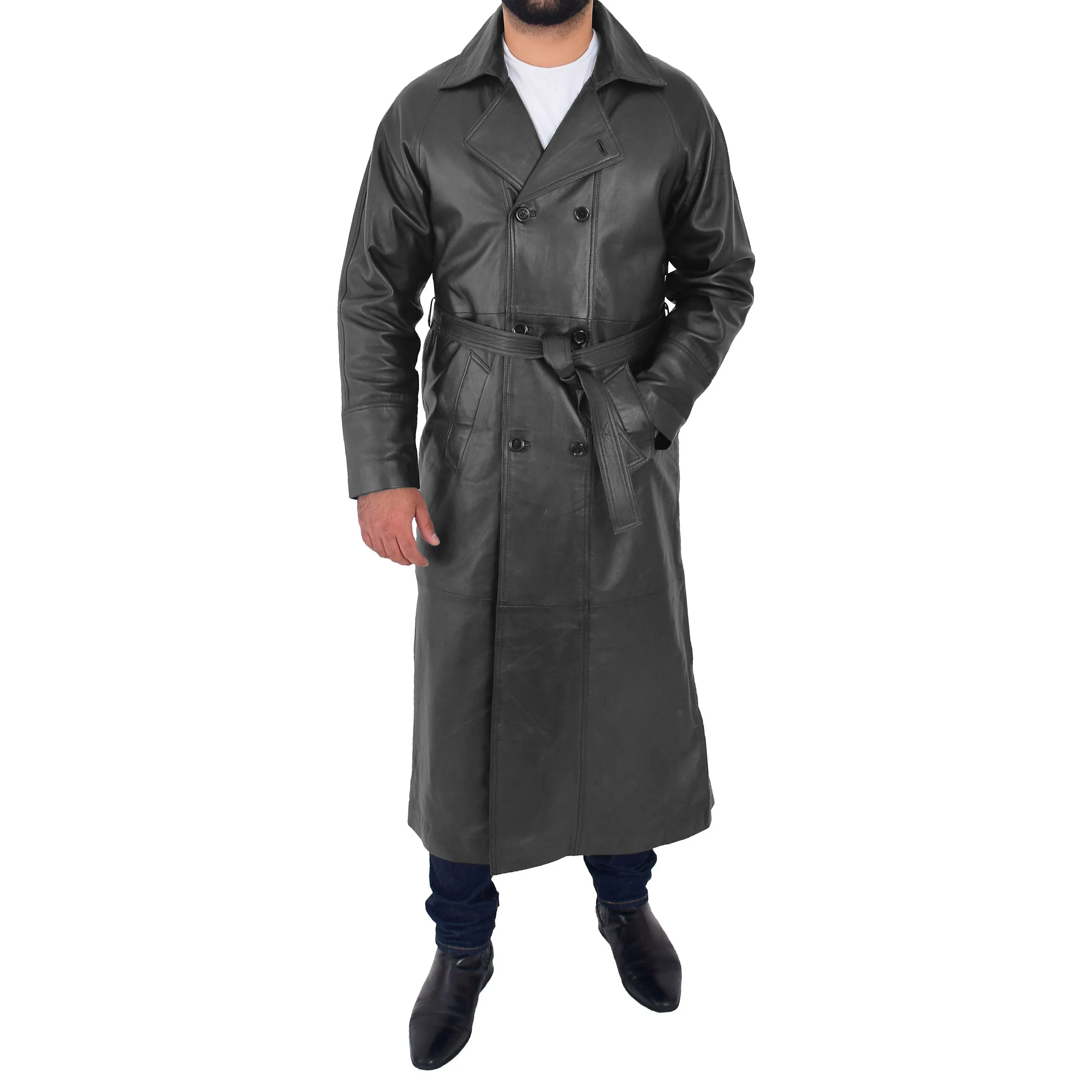 Mens Full Length Leather Coat Black Long Trench Overcoat Terry