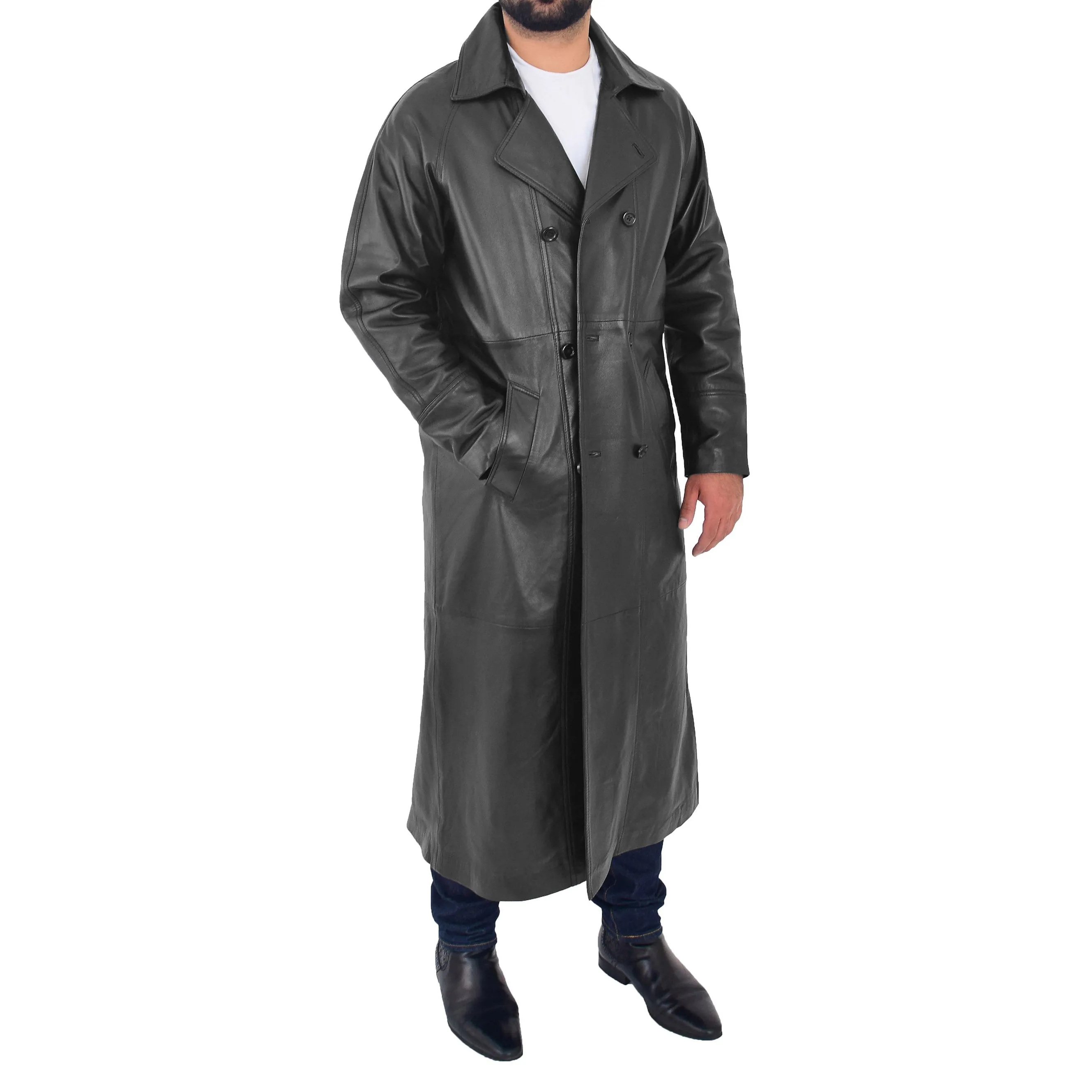 Mens Full Length Leather Coat Black Long Trench Overcoat Terry