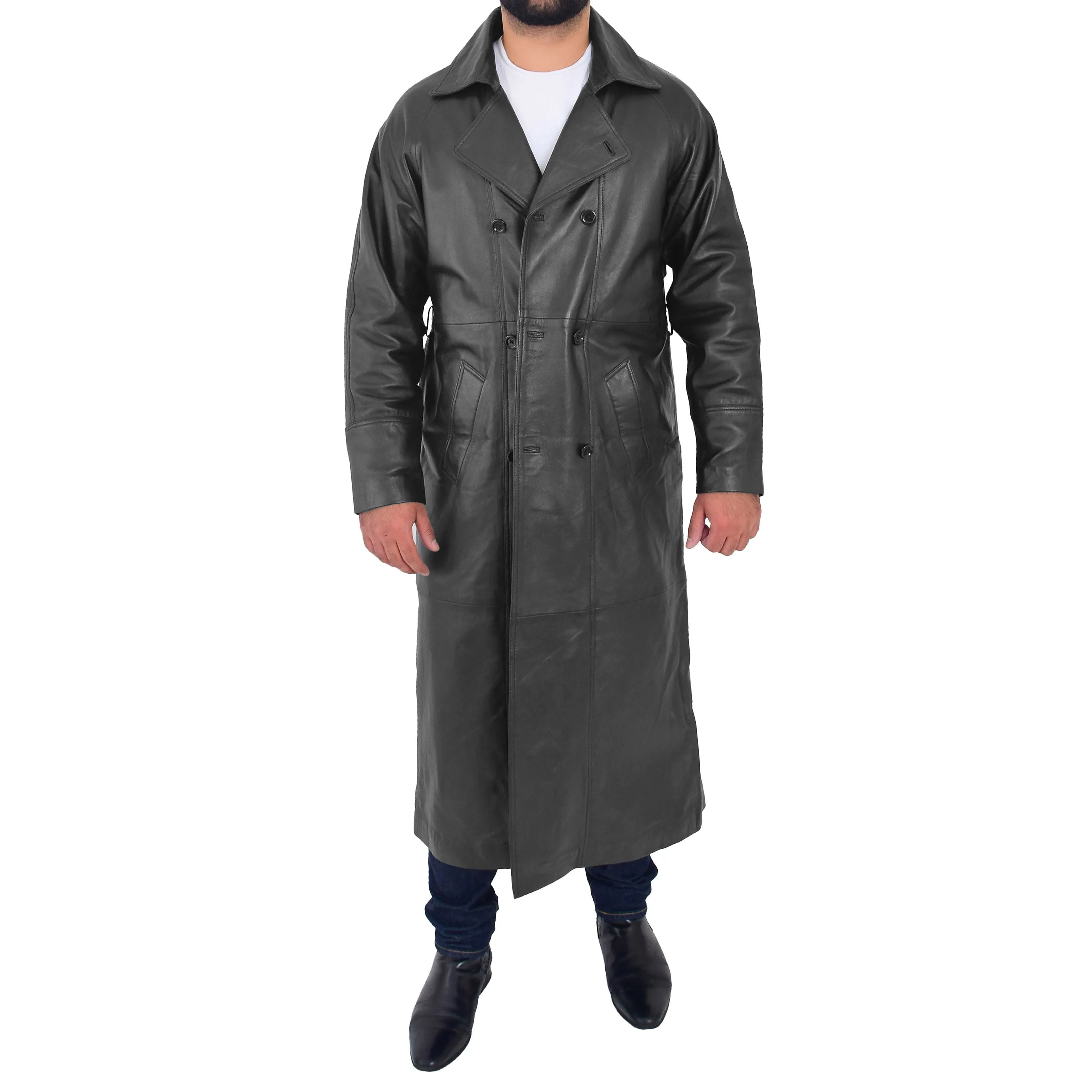 Mens Full Length Leather Coat Black Long Trench Overcoat Terry