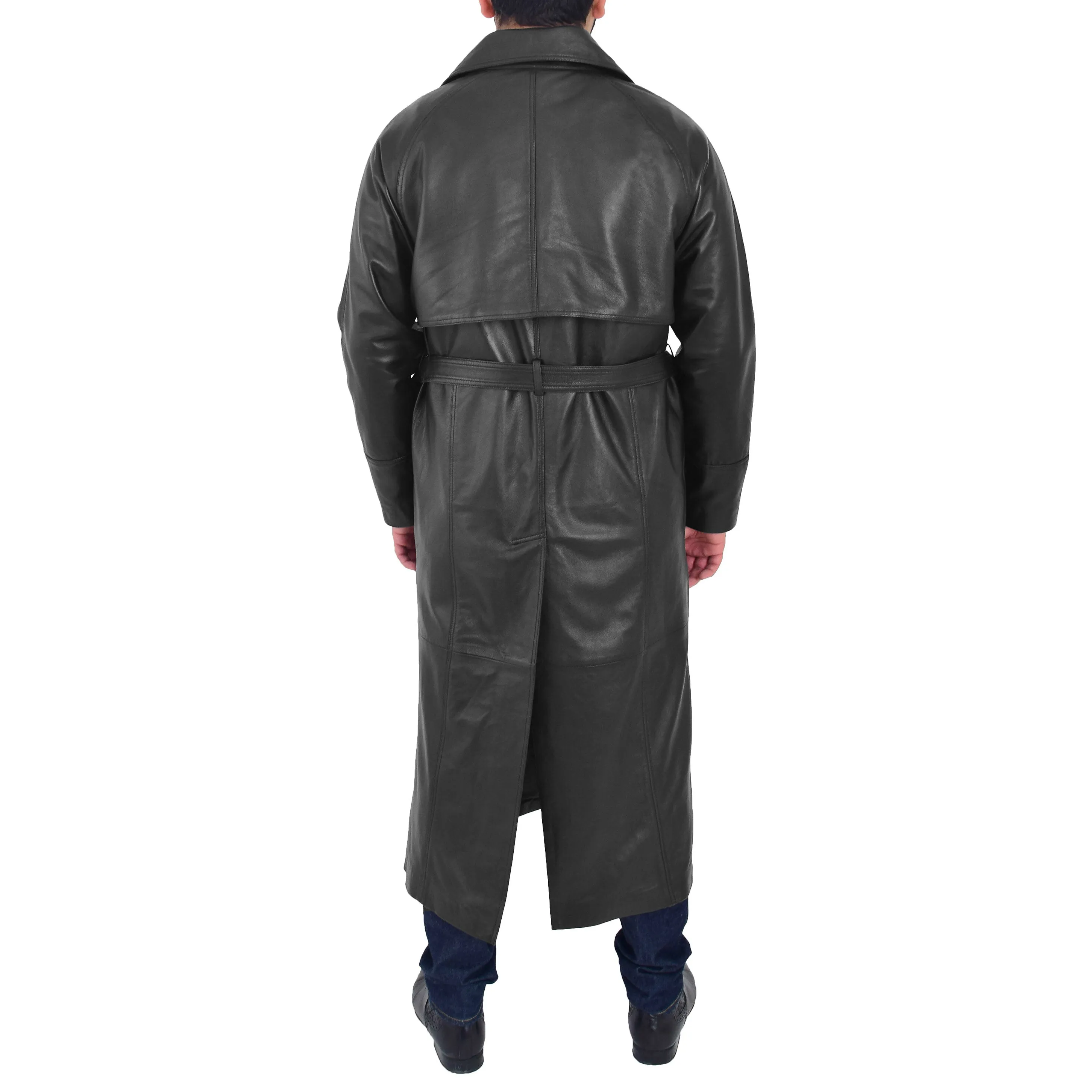 Mens Full Length Leather Coat Black Long Trench Overcoat Terry