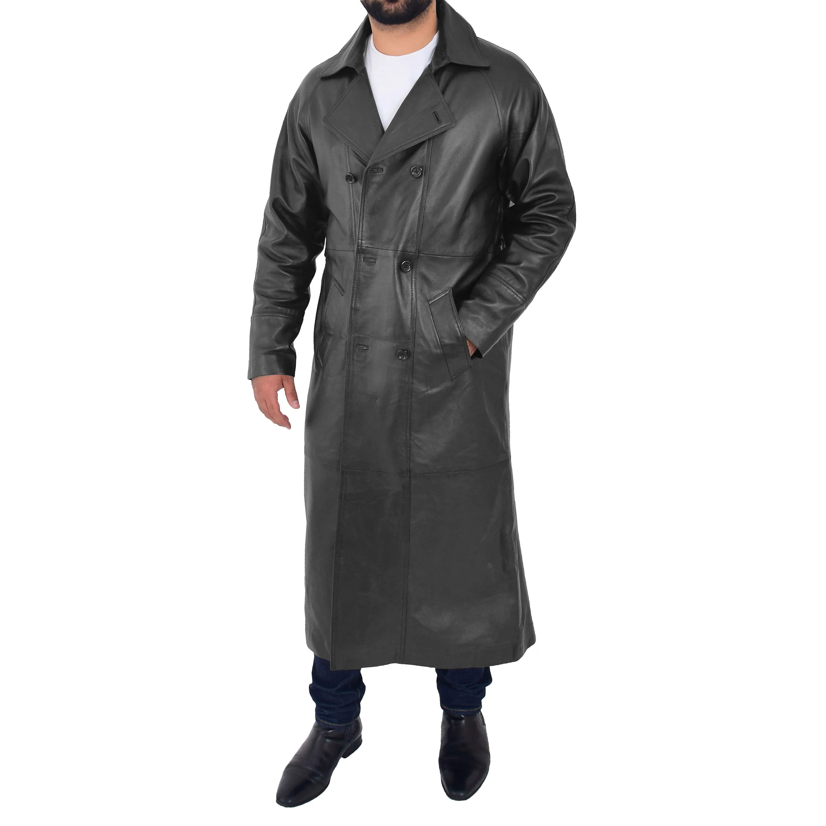 Mens Full Length Leather Coat Black Long Trench Overcoat Terry