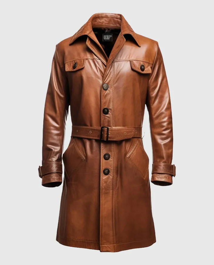 Men's Vintage Brown Long Leather Coat