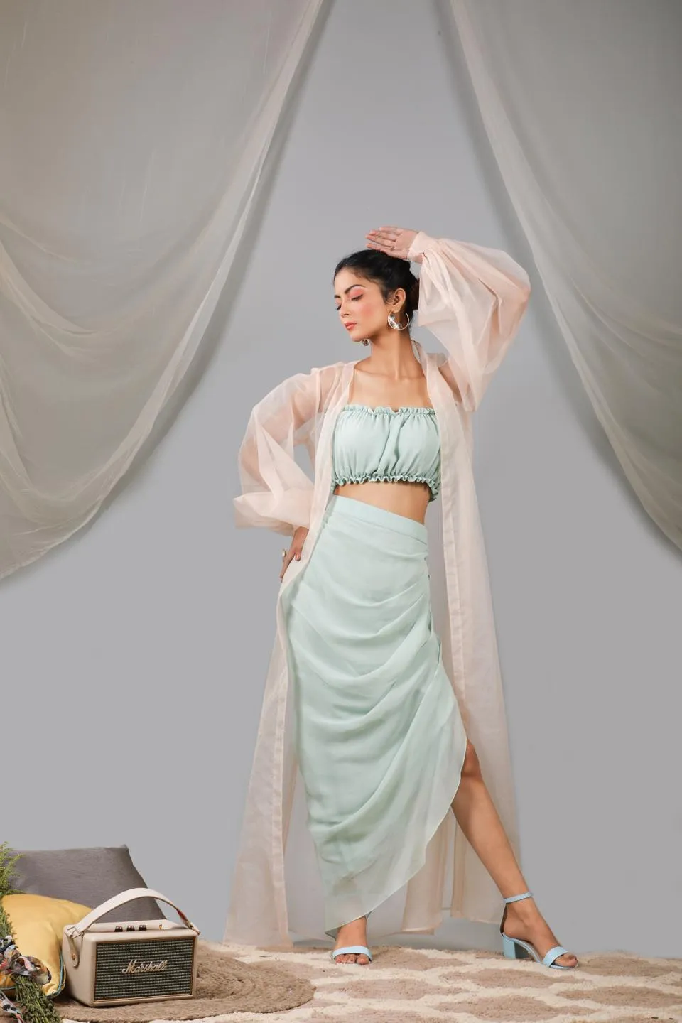 Organza Puff Sleeve Long Jacket With Top And Cowl Skirt