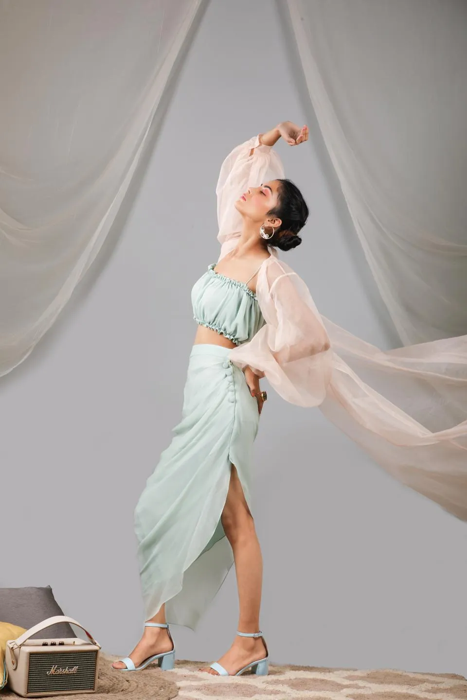 Organza Puff Sleeve Long Jacket With Top And Cowl Skirt