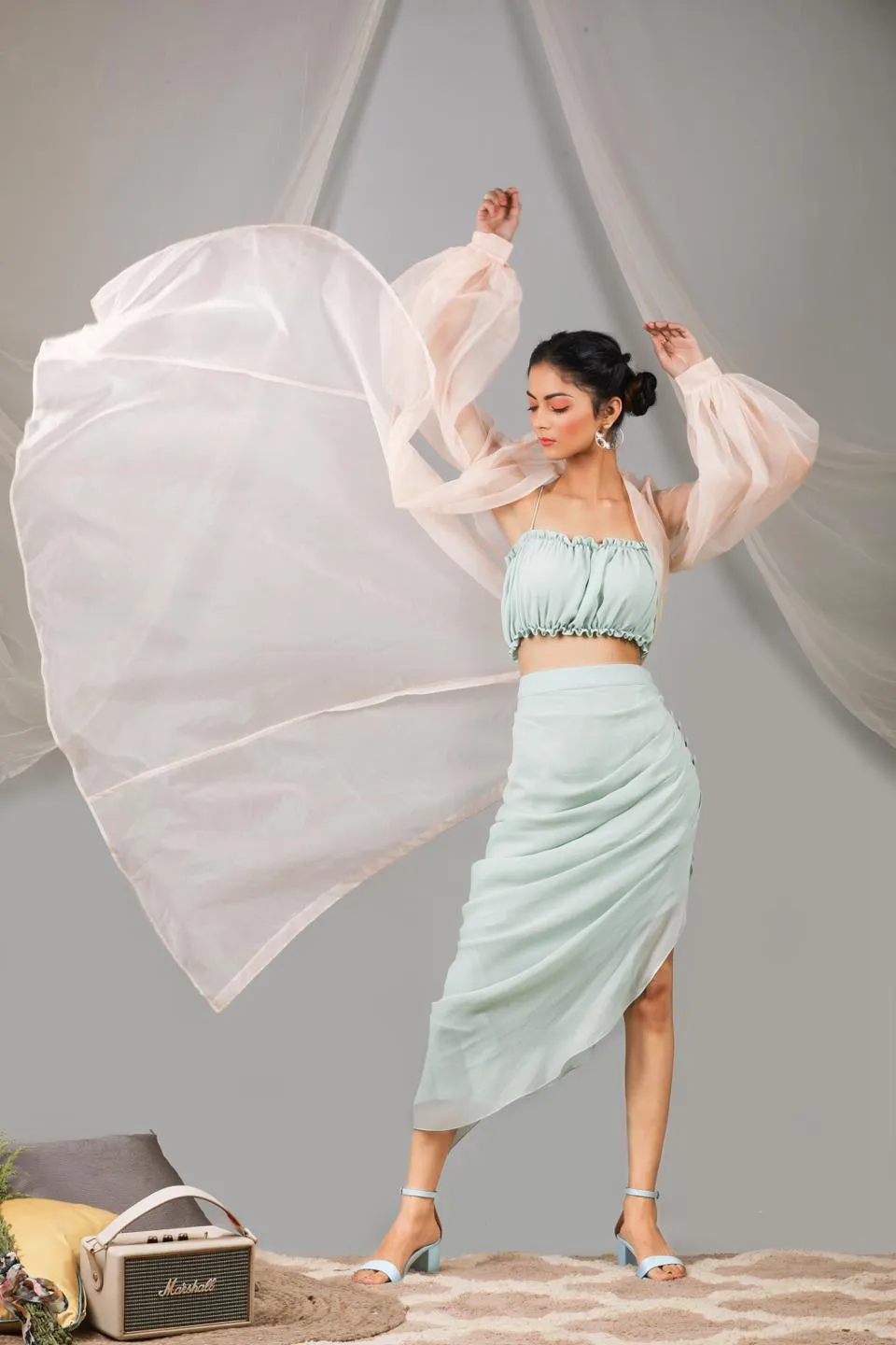 Organza Puff Sleeve Long Jacket With Top And Cowl Skirt