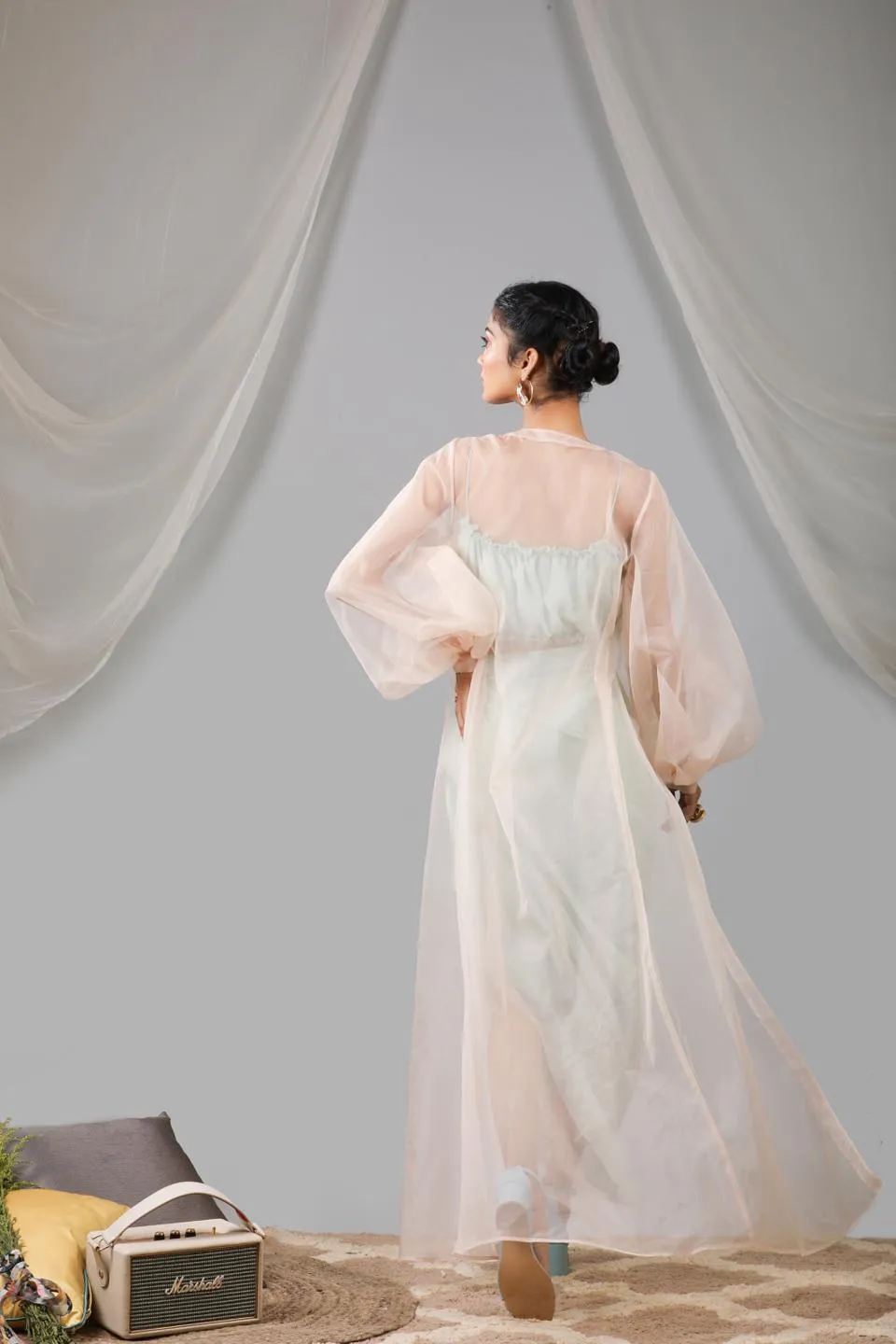 Organza Puff Sleeve Long Jacket With Top And Cowl Skirt