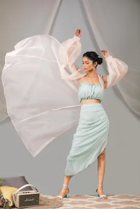 Organza Puff Sleeve Long Jacket With Top And Cowl Skirt