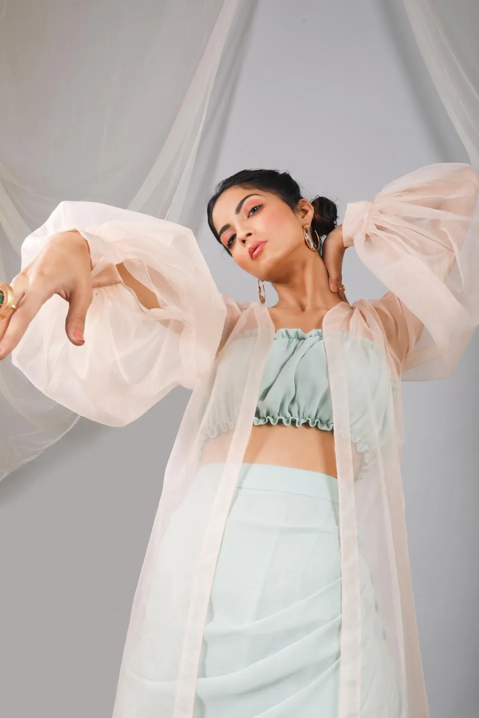 Organza Puff Sleeve Long Jacket With Top And Cowl Skirt