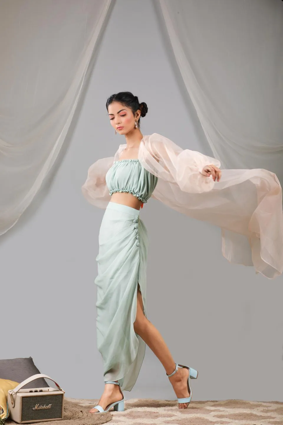 Organza Puff Sleeve Long Jacket With Top And Cowl Skirt