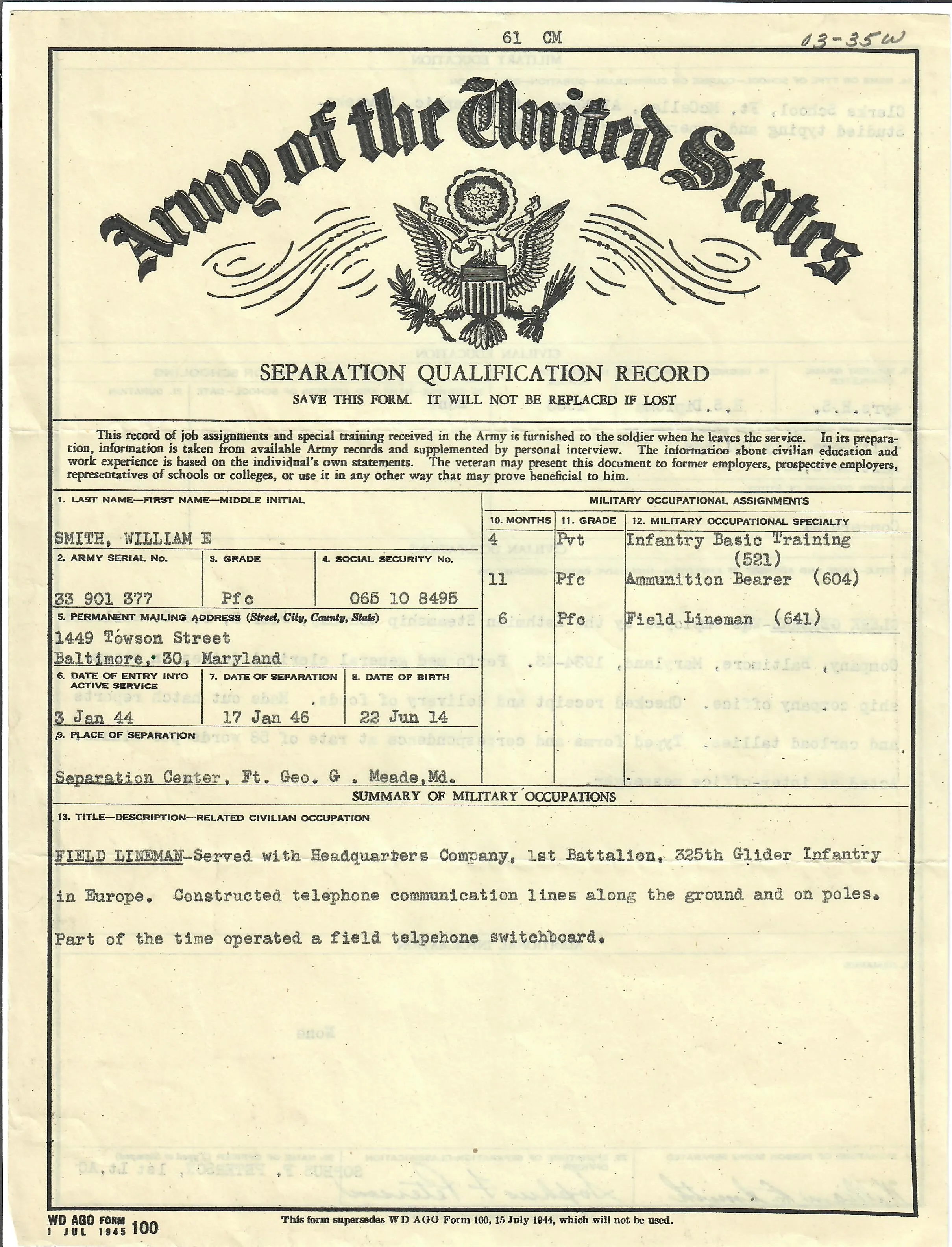 Original U.S. WWII 193rd Glider Infantry Regiment Named Uniforms with Garrison Cap, Jump Boots, Photos, Documents and More - PFC William E. Smith - 17th & 82nd Airborne Division