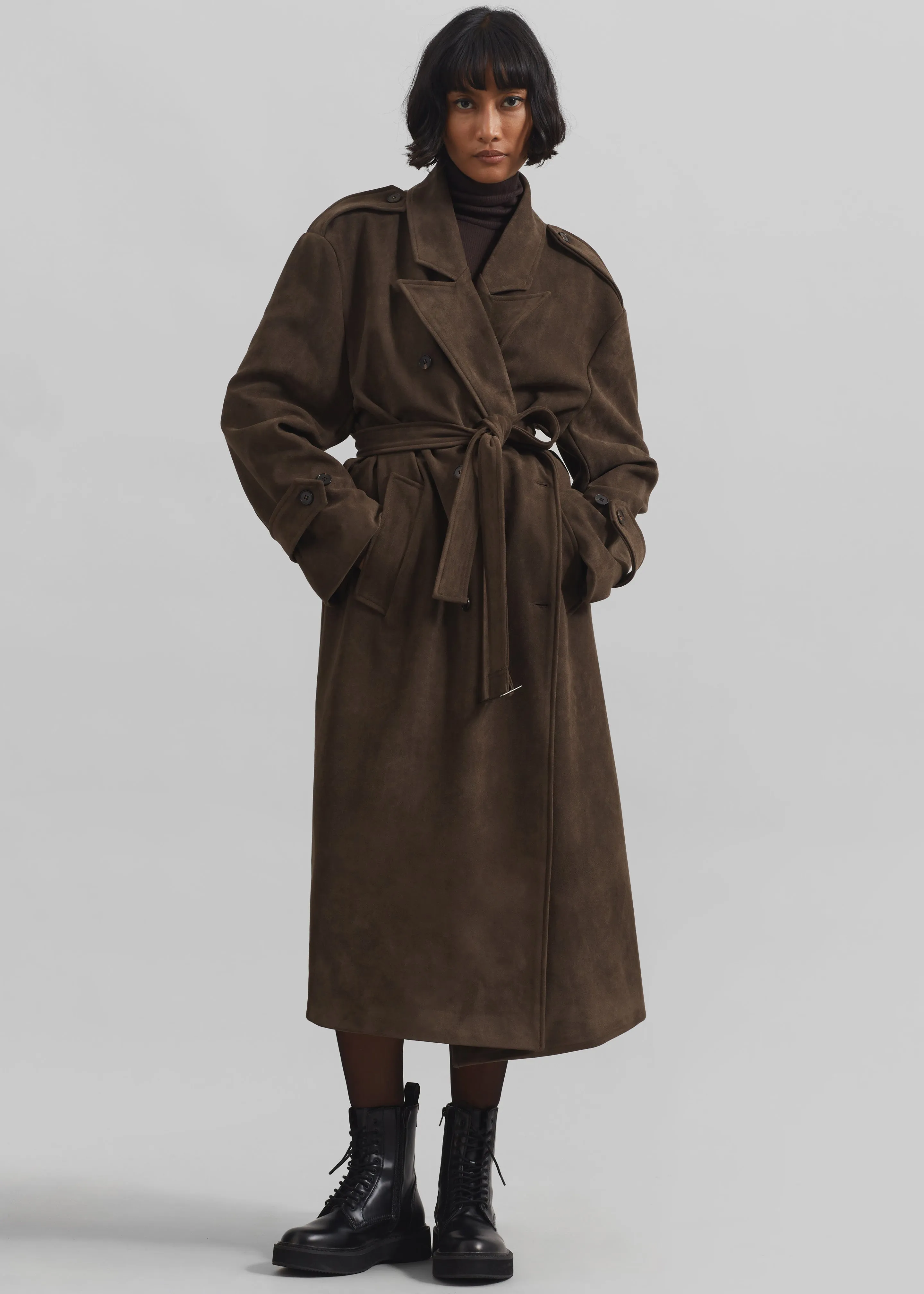 Peoria Faux Suede Trench Coat - Brown