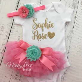 PERSONALIZED Name Outfit - Coral Pink and Gold Glitter - Mint/Aqua flower embellished tutu skirt bloomers