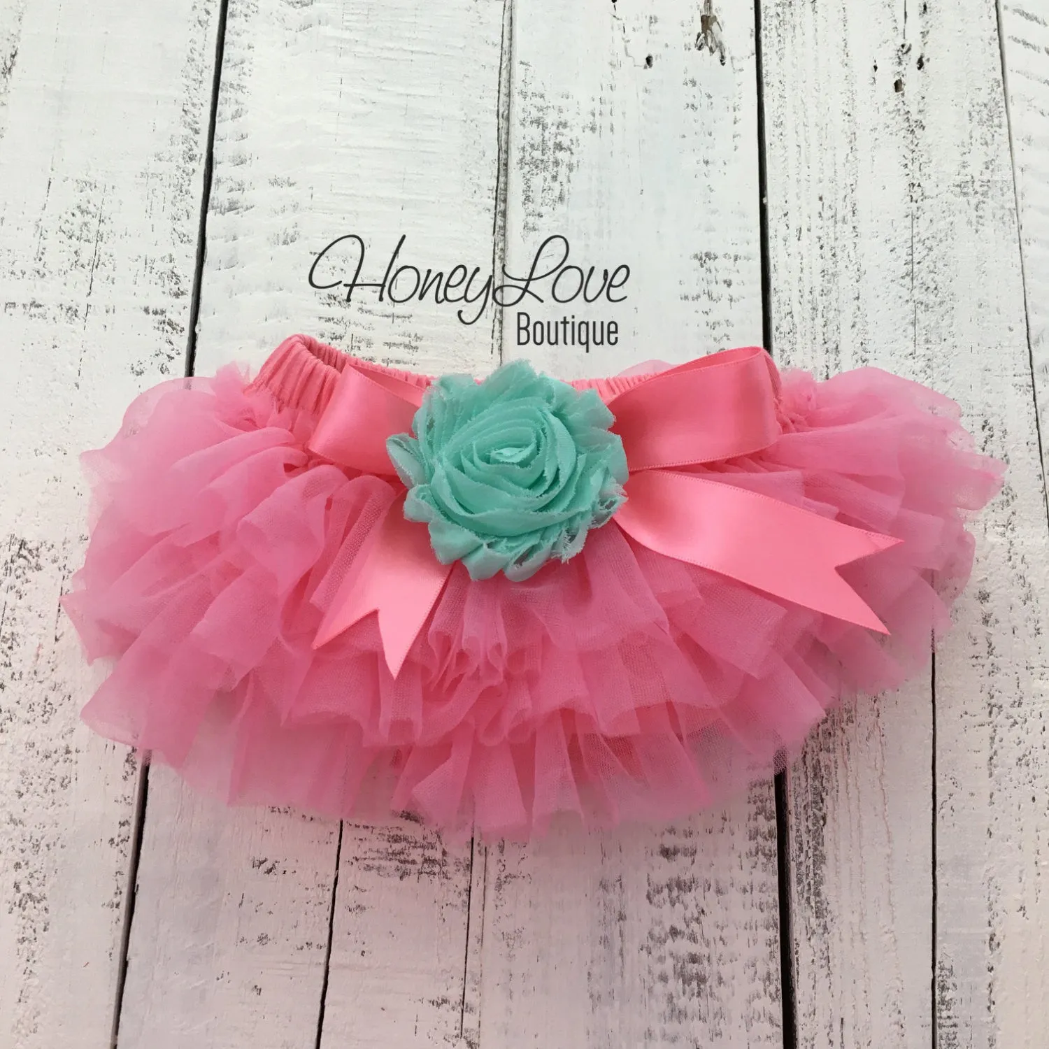 PERSONALIZED Name Outfit - Coral Pink and Gold Glitter - Mint/Aqua flower embellished tutu skirt bloomers