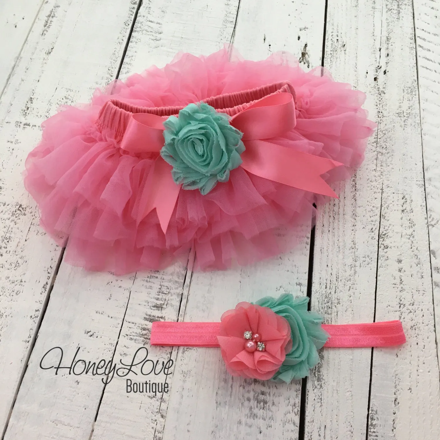 PERSONALIZED Name Outfit - Coral Pink and Gold Glitter - Mint/Aqua flower embellished tutu skirt bloomers
