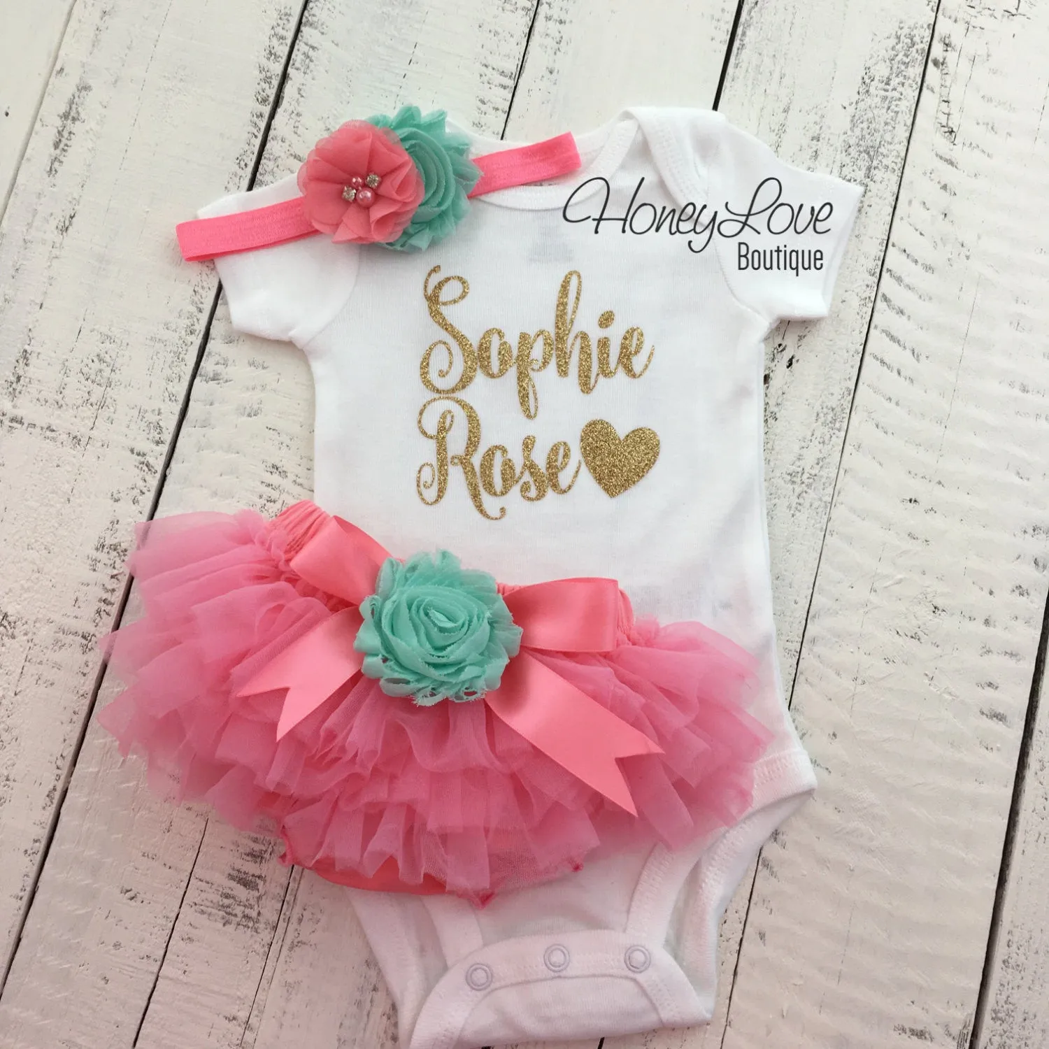 PERSONALIZED Name Outfit - Coral Pink and Gold Glitter - Mint/Aqua flower embellished tutu skirt bloomers
