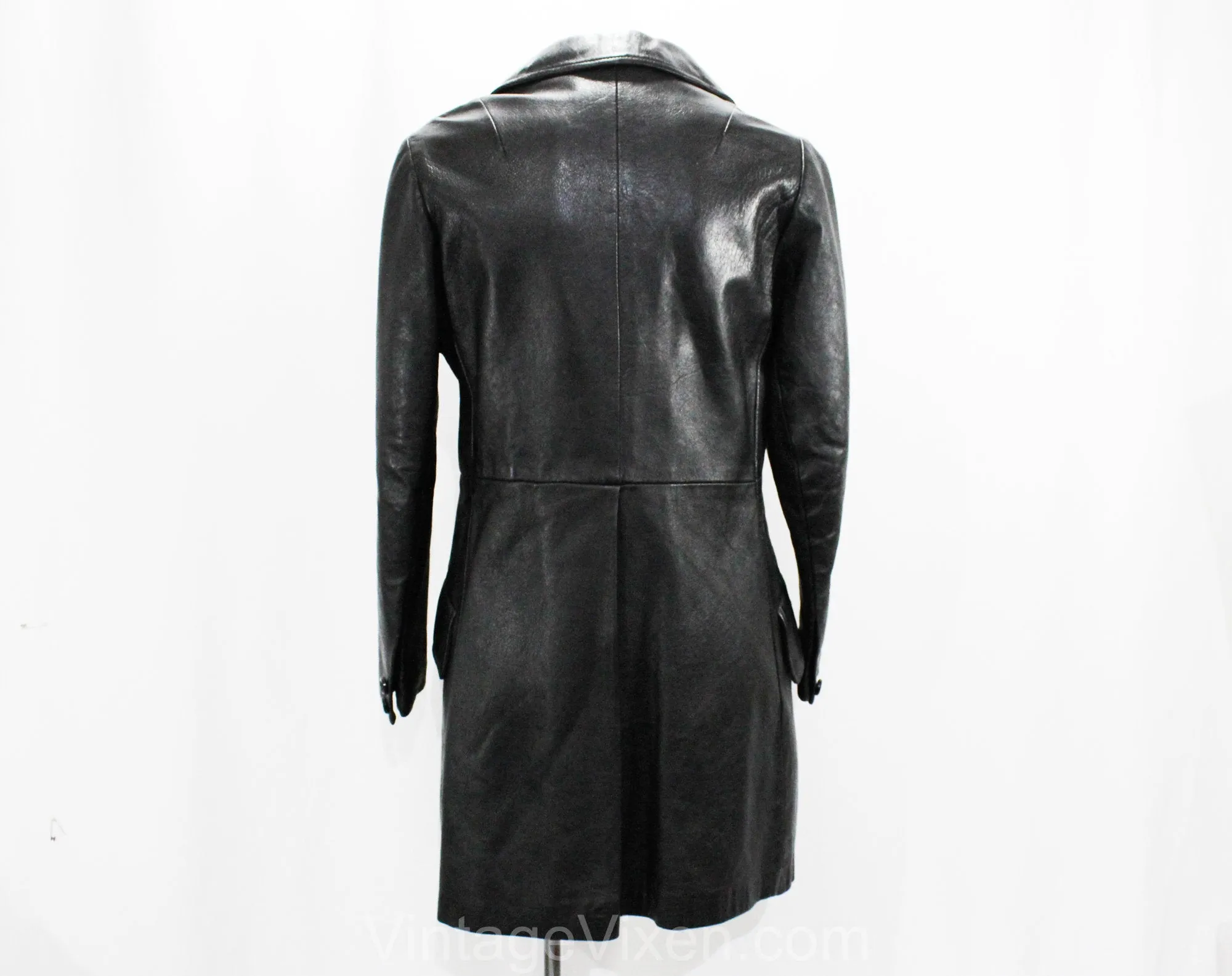 Size 8 Black Leather Jacket - 60s Mod Street Chic Coat - Tailored 3/4 Length 1960s 70s Outerwear - Medium Fall Winter Overcoat - Bust 36
