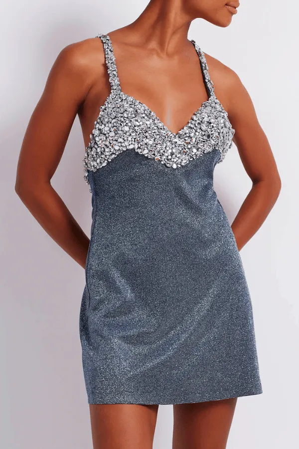 Stardust Hand Beaded Mini Dress Silver