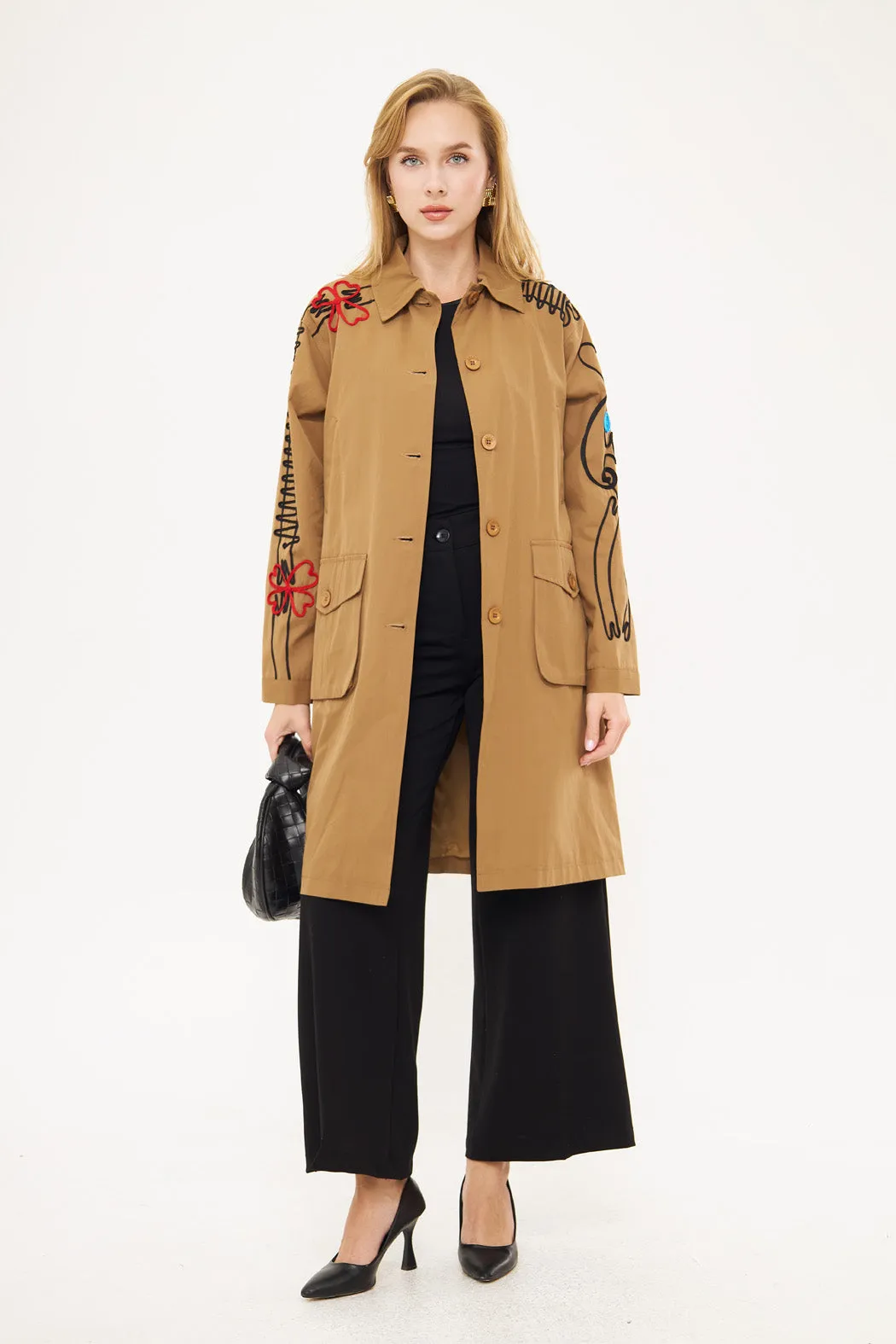 Stitched Embroidered Design Midi Coat