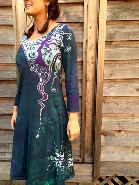 Teal and Purple Canyon Tree - Long Sleeve Batik Dress