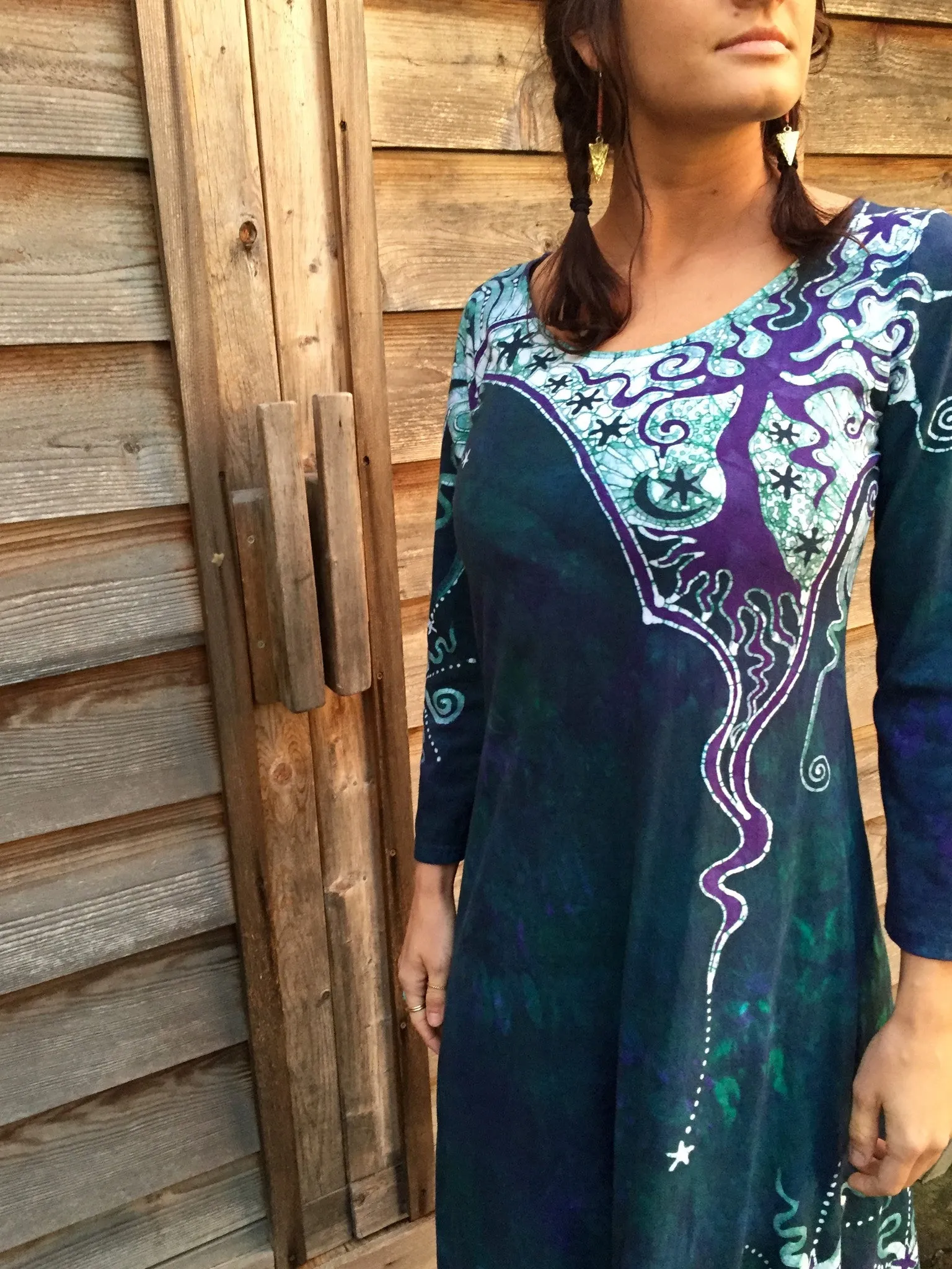 Teal and Purple Canyon Tree - Long Sleeve Batik Dress
