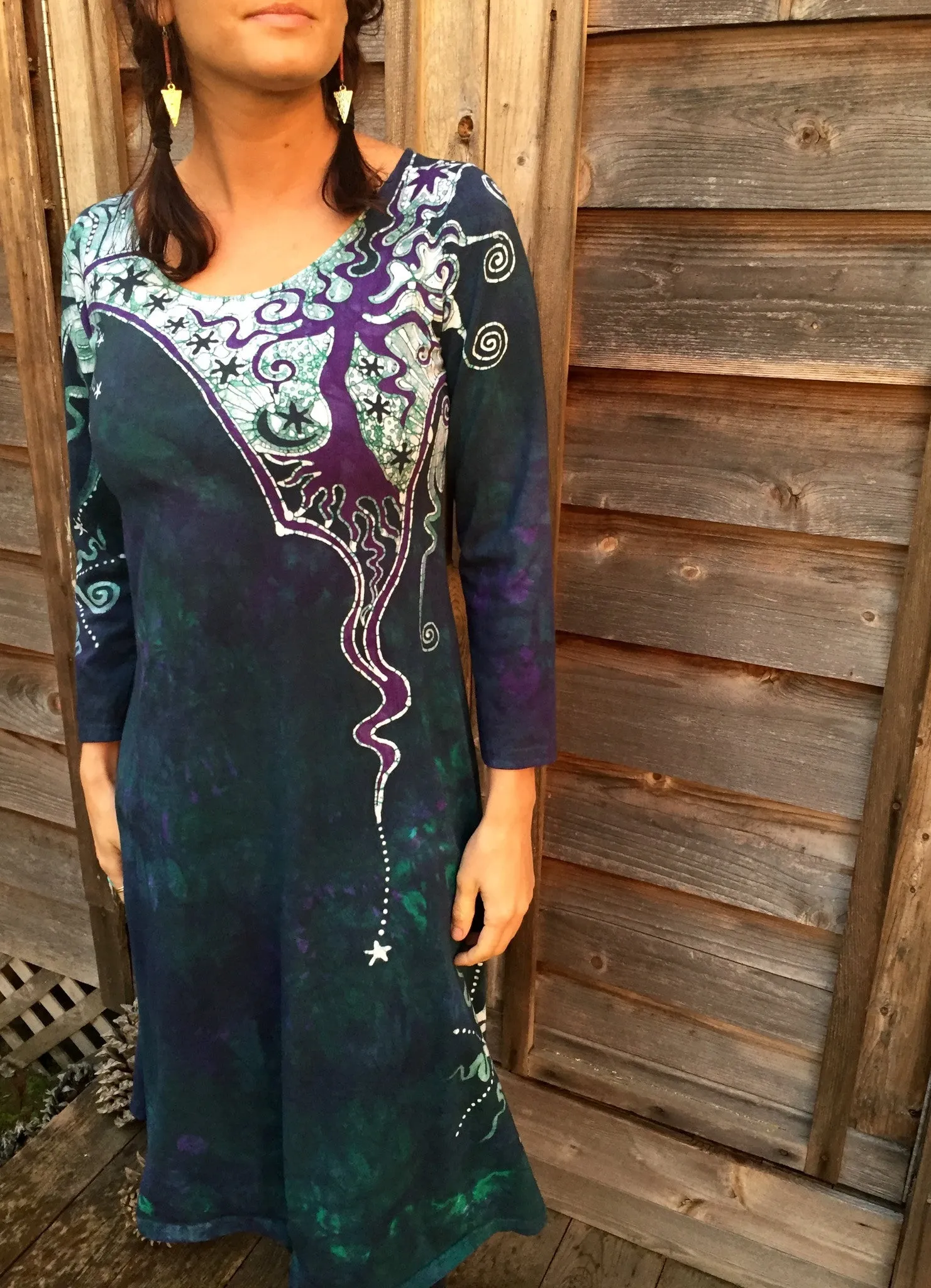 Teal and Purple Canyon Tree - Long Sleeve Batik Dress