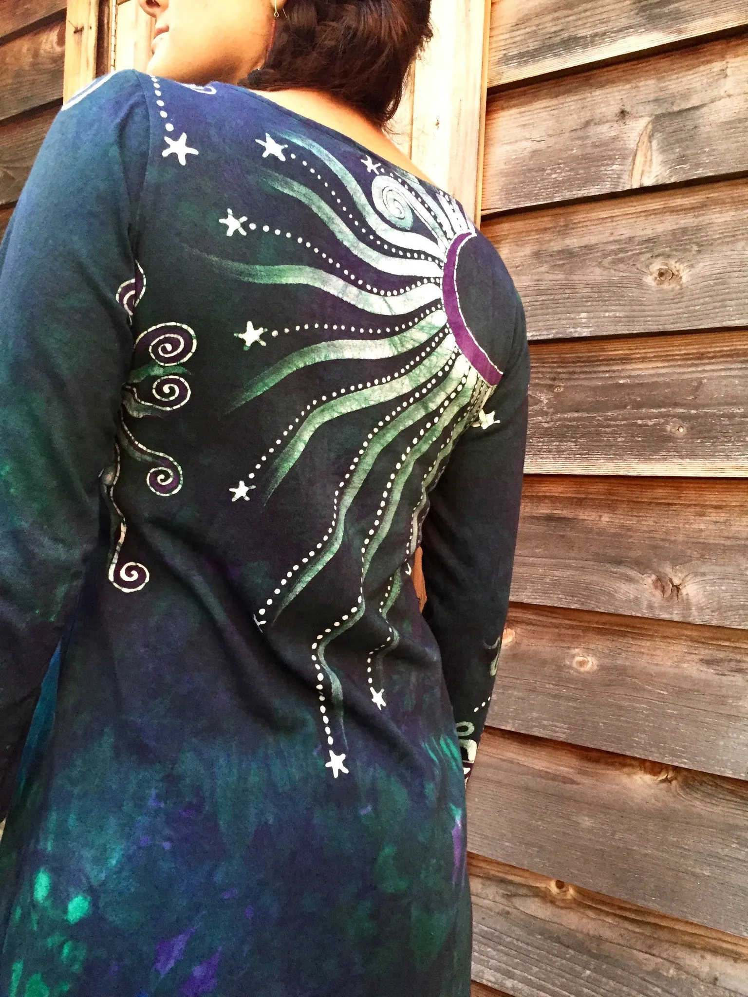 Teal and Purple Canyon Tree - Long Sleeve Batik Dress
